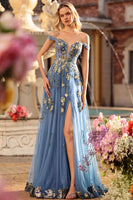 Laden Sie das Bild in den Galerie-Viewer, Marineblaues Langes A-Linie Schulterfreies Appliziertes Korsett Pailletten Ballkleid