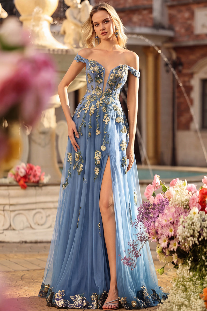 Laden Sie das Bild in den Galerie-Viewer, Marineblaues Langes A-Linie Schulterfreies Appliziertes Korsett Pailletten Ballkleid