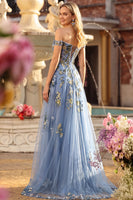Laden Sie das Bild in den Galerie-Viewer, Marineblaues Langes A-Linie Schulterfreies Appliziertes Korsett Pailletten Ballkleid