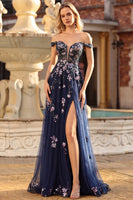 Laden Sie das Bild in den Galerie-Viewer, Marineblaues Langes A-Linie Schulterfreies Appliziertes Korsett Pailletten Ballkleid