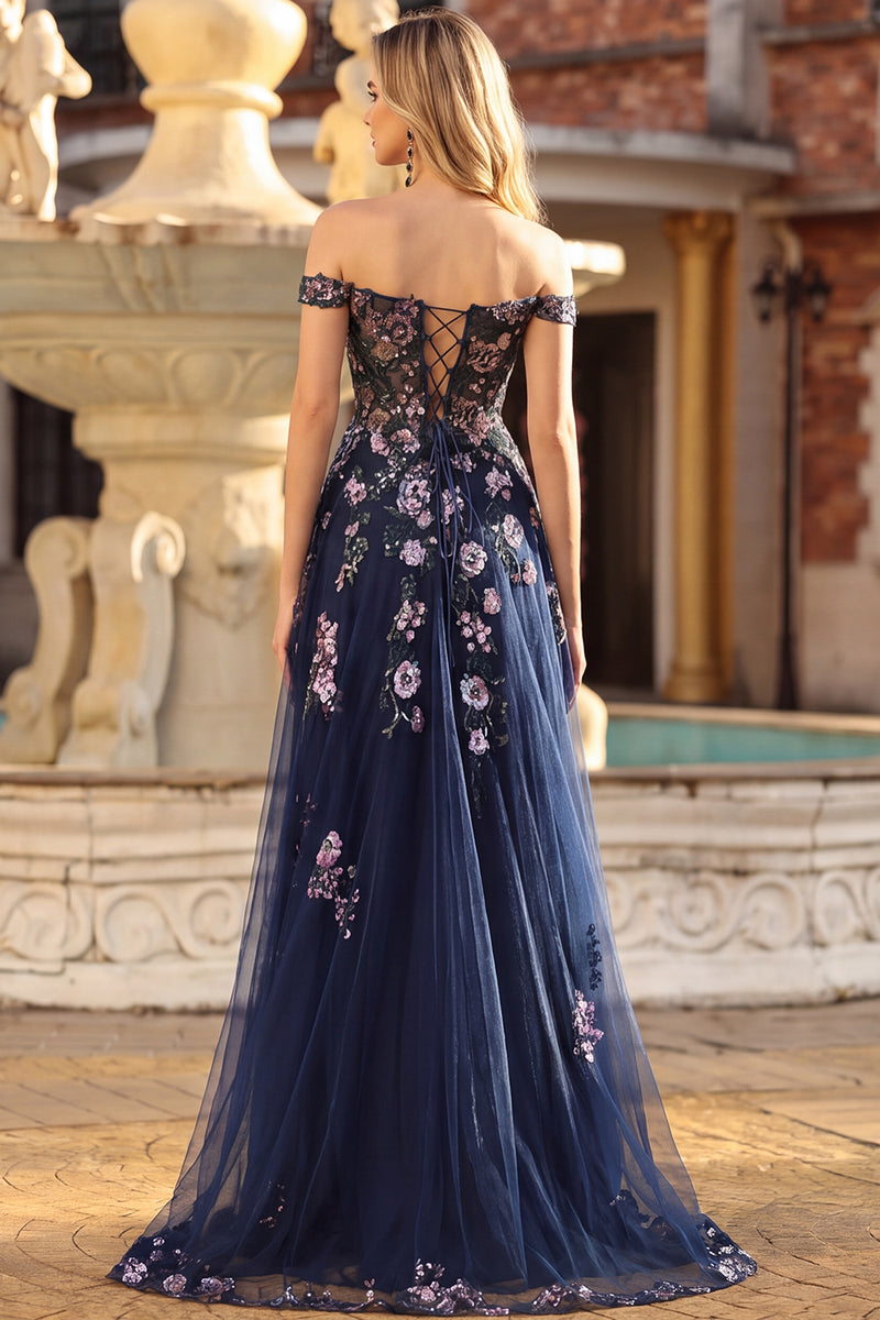 Laden Sie das Bild in den Galerie-Viewer, Marineblaues Langes A-Linie Schulterfreies Appliziertes Korsett Pailletten Ballkleid