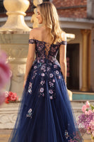 Laden Sie das Bild in den Galerie-Viewer, Marineblaues Langes A-Linie Schulterfreies Appliziertes Korsett Pailletten Ballkleid