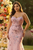 Laden Sie das Bild in den Galerie-Viewer, Orange Meerjungfrauen Korsett Langes Plus Size Ballkleid mit Pailletten
