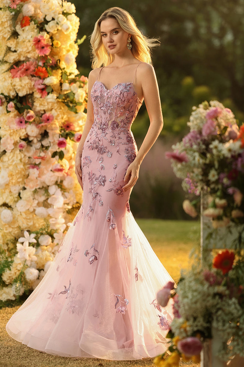 Laden Sie das Bild in den Galerie-Viewer, Blush Meerjungfrauen Pailletten Transparentes Korsett Langes Ballkleid mit Schnürung