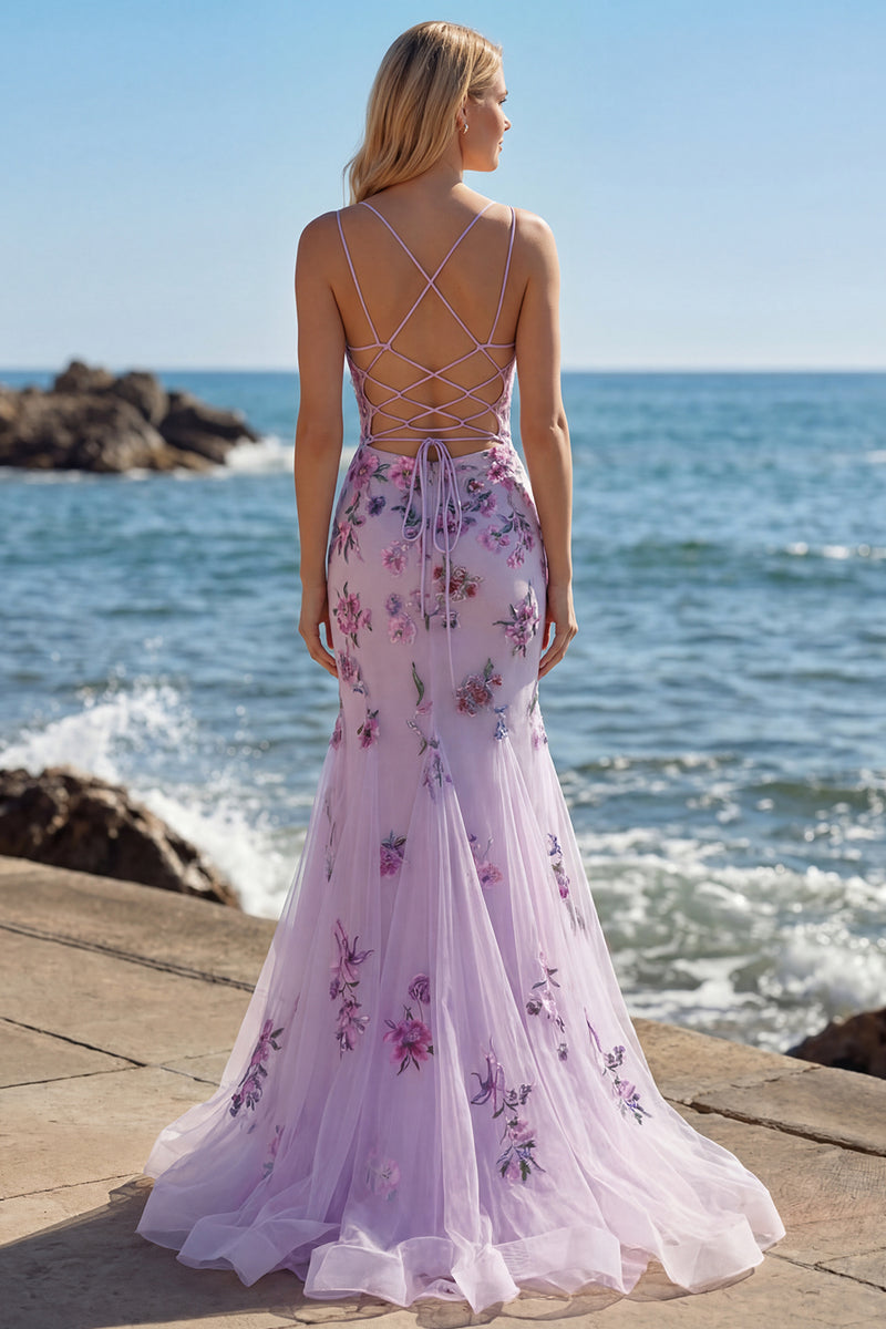 Laden Sie das Bild in den Galerie-Viewer, Lila Meerjungfrauen Applikationen Korsett Langes Ballkleid mit Perlen