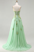 Laden Sie das Bild in den Galerie-Viewer, Grünes A-Linie Korsett Pailletten Appliziertes Langes Ballkleid