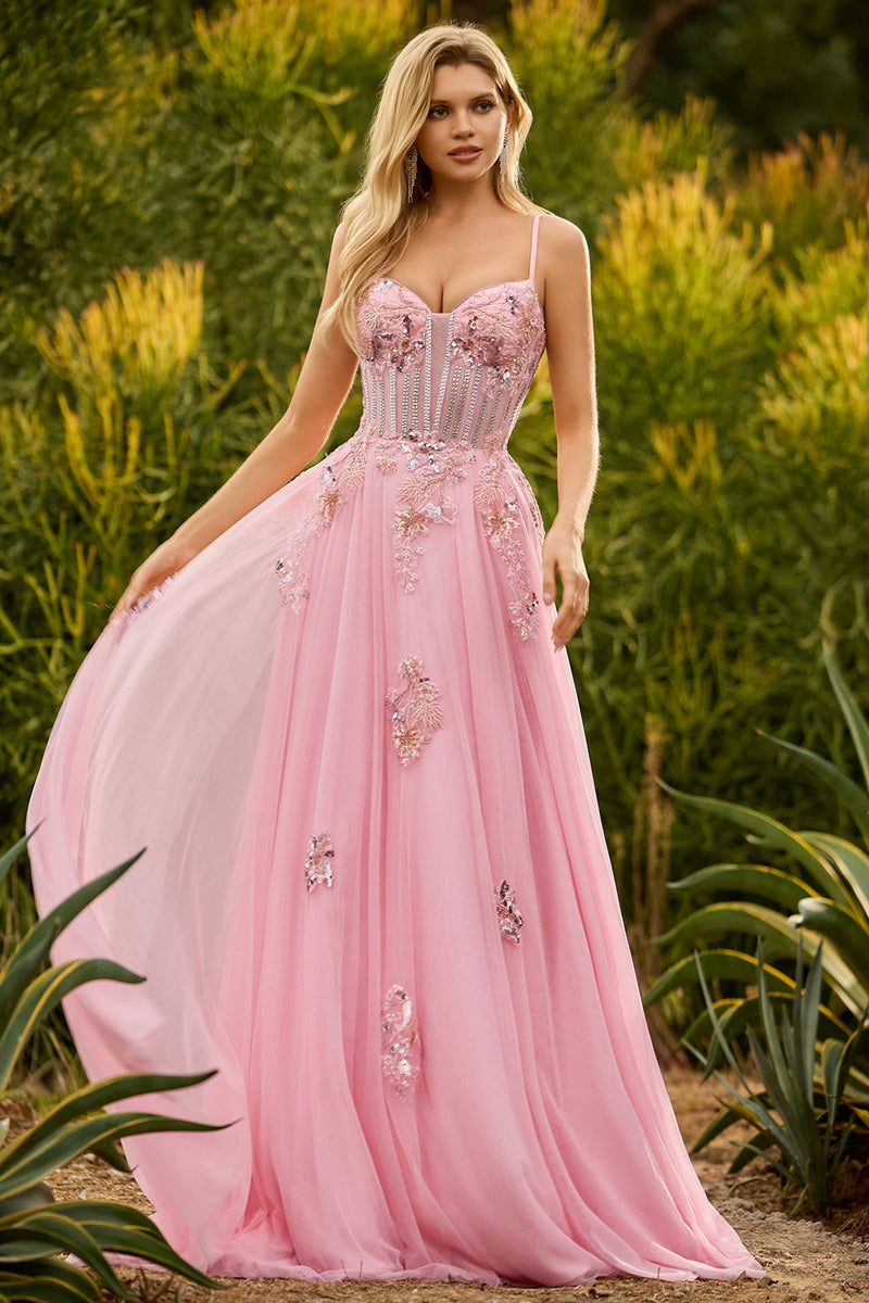 Laden Sie das Bild in den Galerie-Viewer, Rosa Korsett Pailletten Langes Ballkleid mit Perlenbesatz und Schnürung