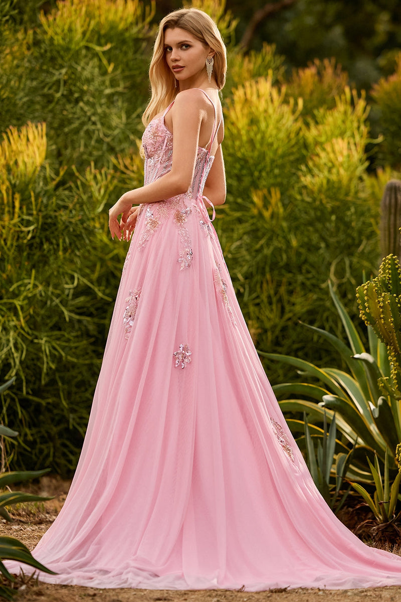 Laden Sie das Bild in den Galerie-Viewer, Rosa Korsett Pailletten Langes Ballkleid mit Perlenbesatz und Schnürung