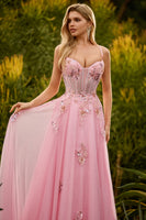 Laden Sie das Bild in den Galerie-Viewer, Rosa Korsett Pailletten Langes Ballkleid mit Perlenbesatz und Schnürung