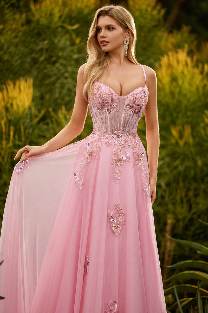 Laden Sie das Bild in den Galerie-Viewer, Rosa Korsett Pailletten Langes Ballkleid mit Perlenbesatz und Schnürung