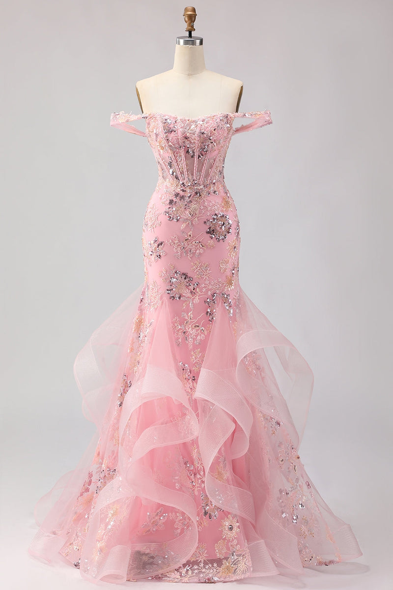 Laden Sie das Bild in den Galerie-Viewer, Schulterfreies Blush Meerjungfrauen Korsett Lange Plus Size Ballkleid mit Rüschen