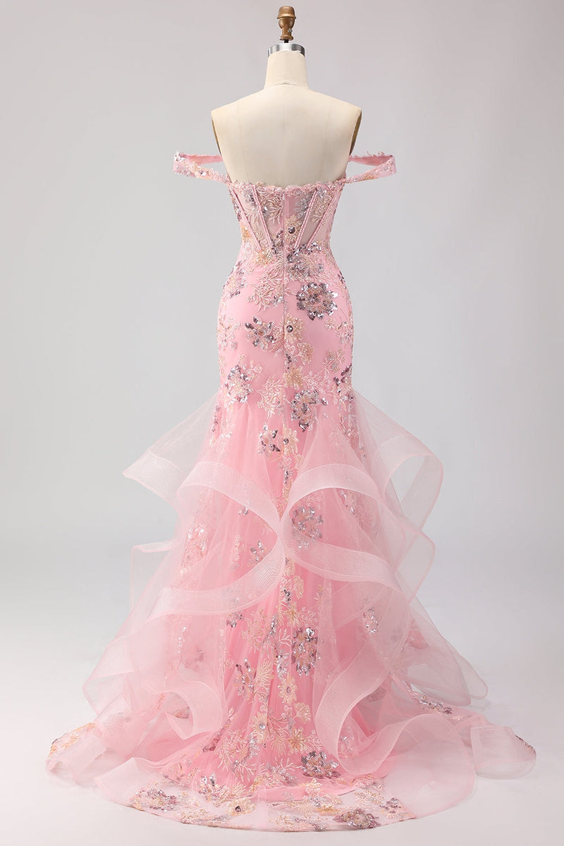 Laden Sie das Bild in den Galerie-Viewer, Schulterfreies Blush Meerjungfrauen Korsett Lange Plus Size Ballkleid mit Rüschen