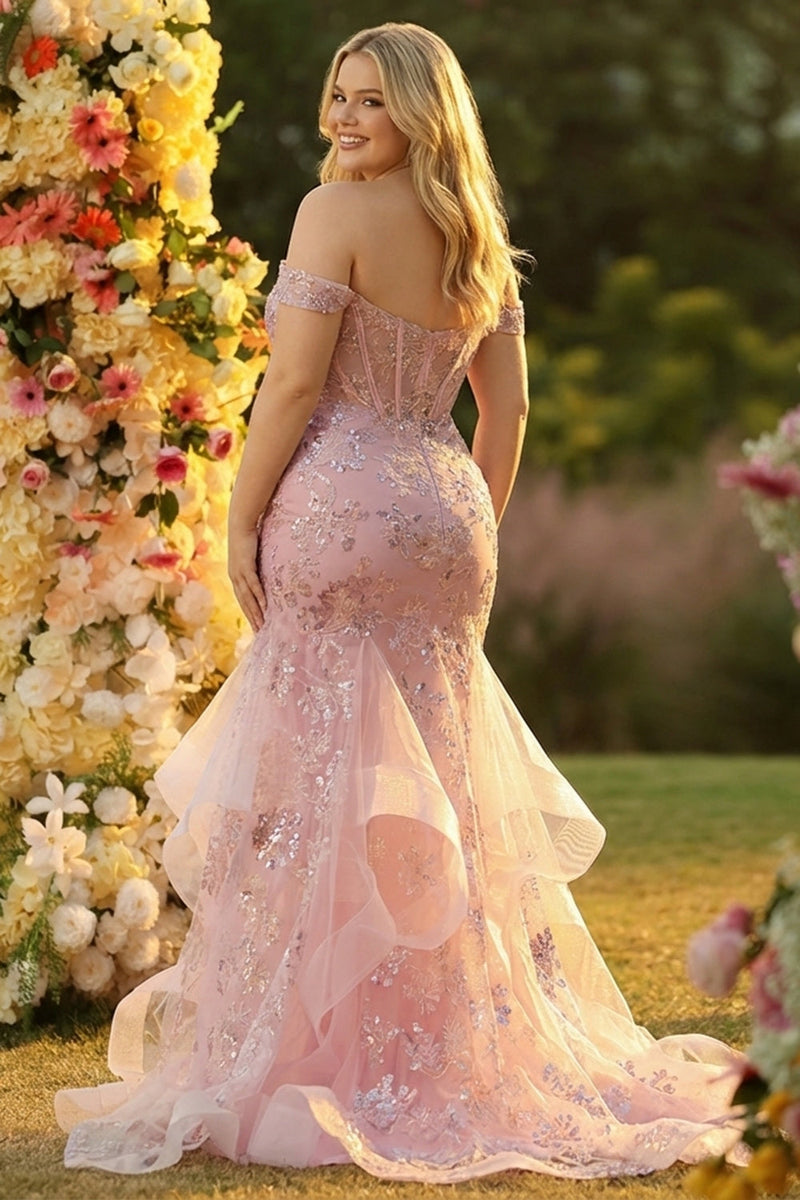Laden Sie das Bild in den Galerie-Viewer, Schulterfreies Blush Meerjungfrauen Korsett Lange Plus Size Ballkleid mit Rüschen
