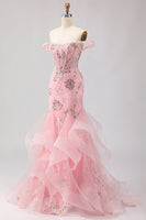 Laden Sie das Bild in den Galerie-Viewer, Schulterfreies Blush Meerjungfrauen Korsett Lange Plus Size Ballkleid mit Rüschen