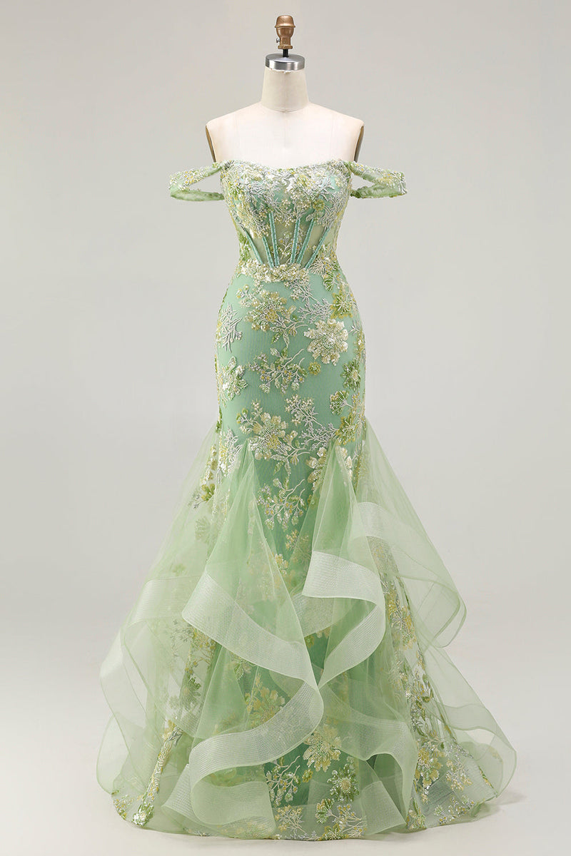 Laden Sie das Bild in den Galerie-Viewer, Schulterfreies Blush Meerjungfrauen Korsett Lange Plus Size Ballkleid mit Rüschen
