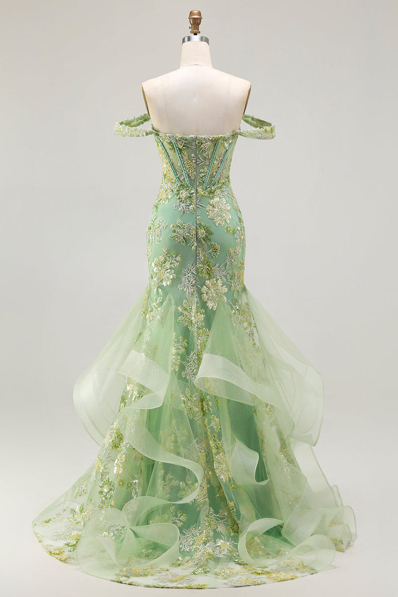 Laden Sie das Bild in den Galerie-Viewer, Schulterfreies Blush Meerjungfrauen Korsett Lange Plus Size Ballkleid mit Rüschen