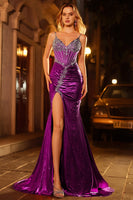 Laden Sie das Bild in den Galerie-Viewer, Dunkelviolettes Meerjungfrauen Korsett Langes Ballkleid mit Schlitz