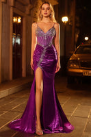 Laden Sie das Bild in den Galerie-Viewer, Dunkelviolettes Meerjungfrauen Korsett Langes Ballkleid mit Schlitz