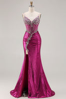 Laden Sie das Bild in den Galerie-Viewer, Glitzerndes Goldenes Meerjungfrauen Korsett Schnürung hinten Langes Ballkleid mit Schlitz