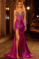 Laden Sie das Bild in den Galerie-Viewer, Glitzerndes Goldenes Meerjungfrauen Korsett Schnürung hinten Langes Ballkleid mit Schlitz