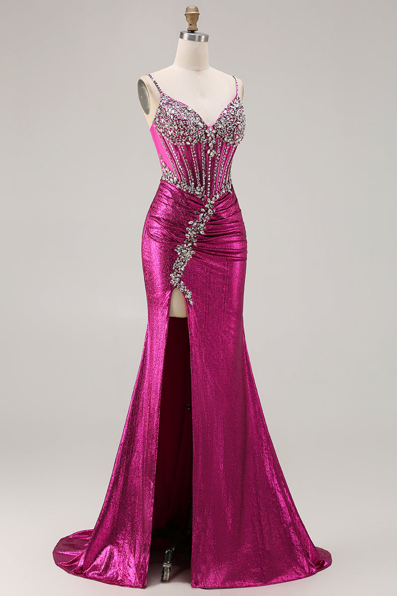 Laden Sie das Bild in den Galerie-Viewer, Glitzerndes Goldenes Meerjungfrauen Korsett Schnürung hinten Langes Ballkleid mit Schlitz