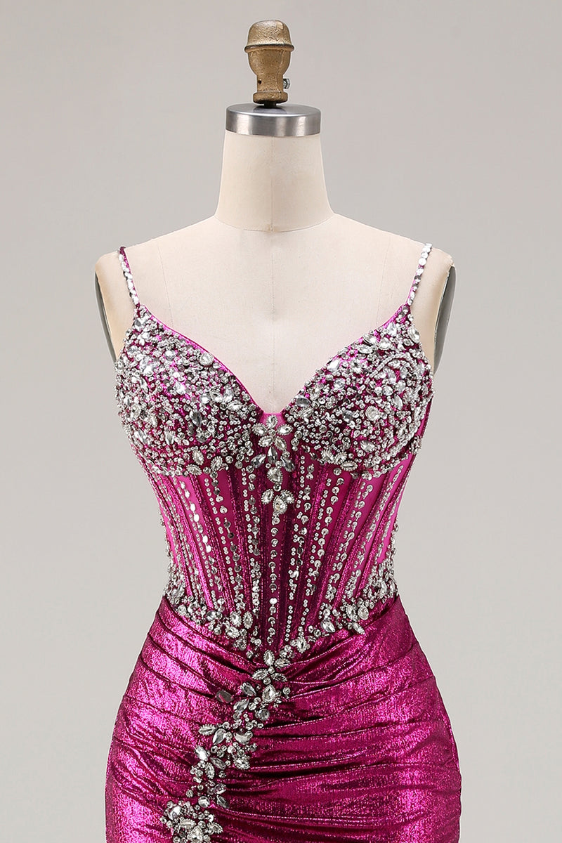 Laden Sie das Bild in den Galerie-Viewer, Glitzerndes Goldenes Meerjungfrauen Korsett Schnürung hinten Langes Ballkleid mit Schlitz