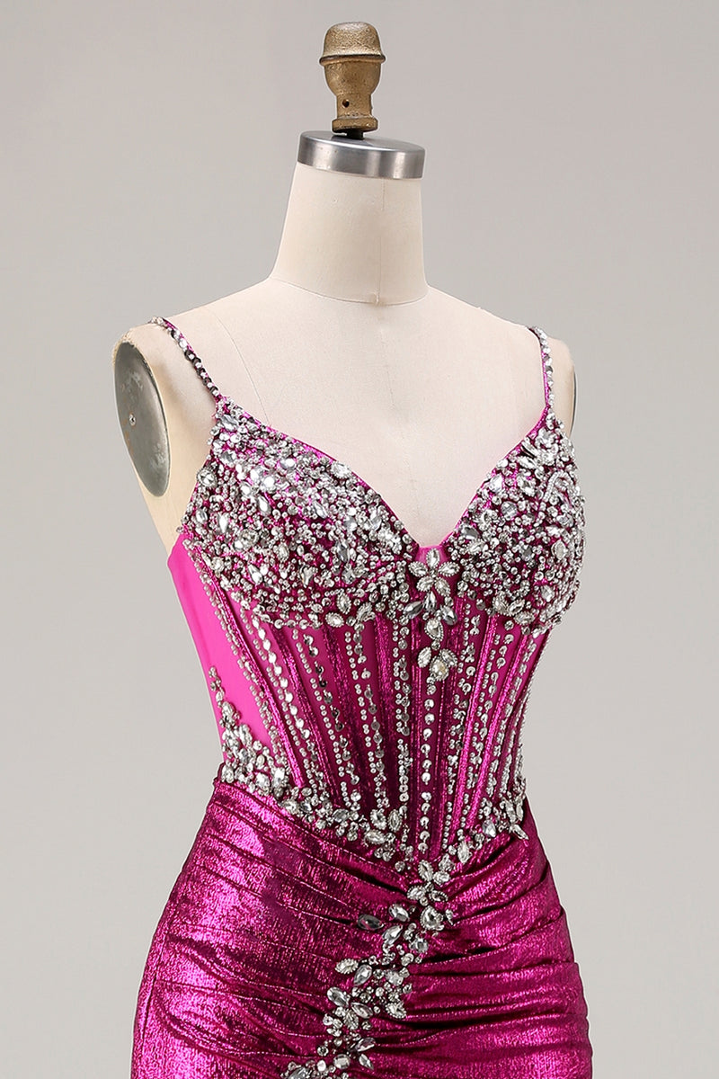 Laden Sie das Bild in den Galerie-Viewer, Glitzerndes Goldenes Meerjungfrauen Korsett Schnürung hinten Langes Ballkleid mit Schlitz