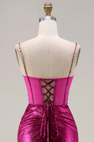 Laden Sie das Bild in den Galerie-Viewer, Glitzerndes Goldenes Meerjungfrauen Korsett Schnürung hinten Langes Ballkleid mit Schlitz