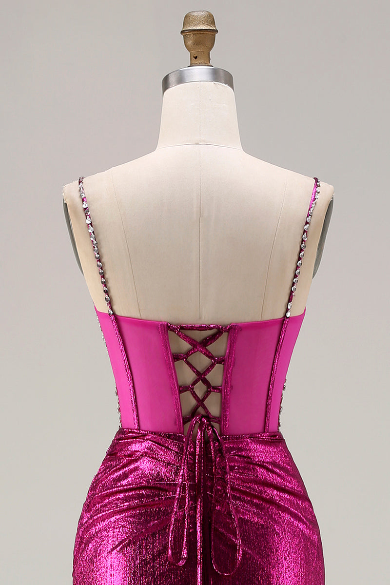 Laden Sie das Bild in den Galerie-Viewer, Glitzerndes Goldenes Meerjungfrauen Korsett Schnürung hinten Langes Ballkleid mit Schlitz