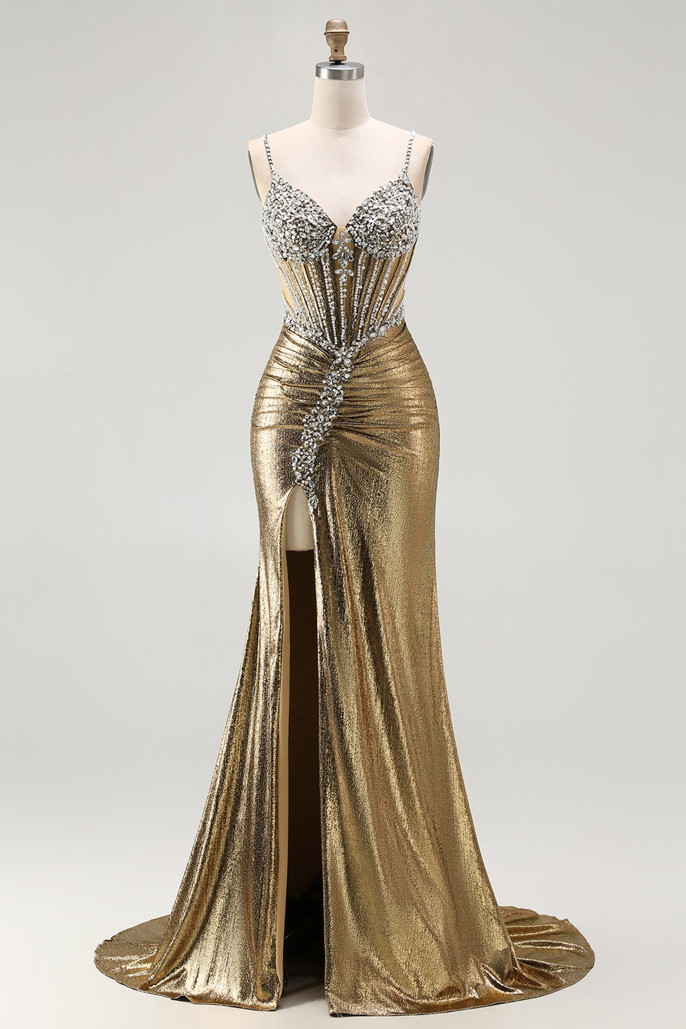 Glitzerndes Goldenes Meerjungfrauen Korsett Schnürung hinten Langes Ballkleid mit Schlitz
