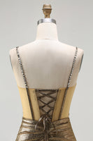 Laden Sie das Bild in den Galerie-Viewer, Glitzerndes Goldenes Meerjungfrauen Korsett Schnürung hinten Langes Ballkleid mit Schlitz