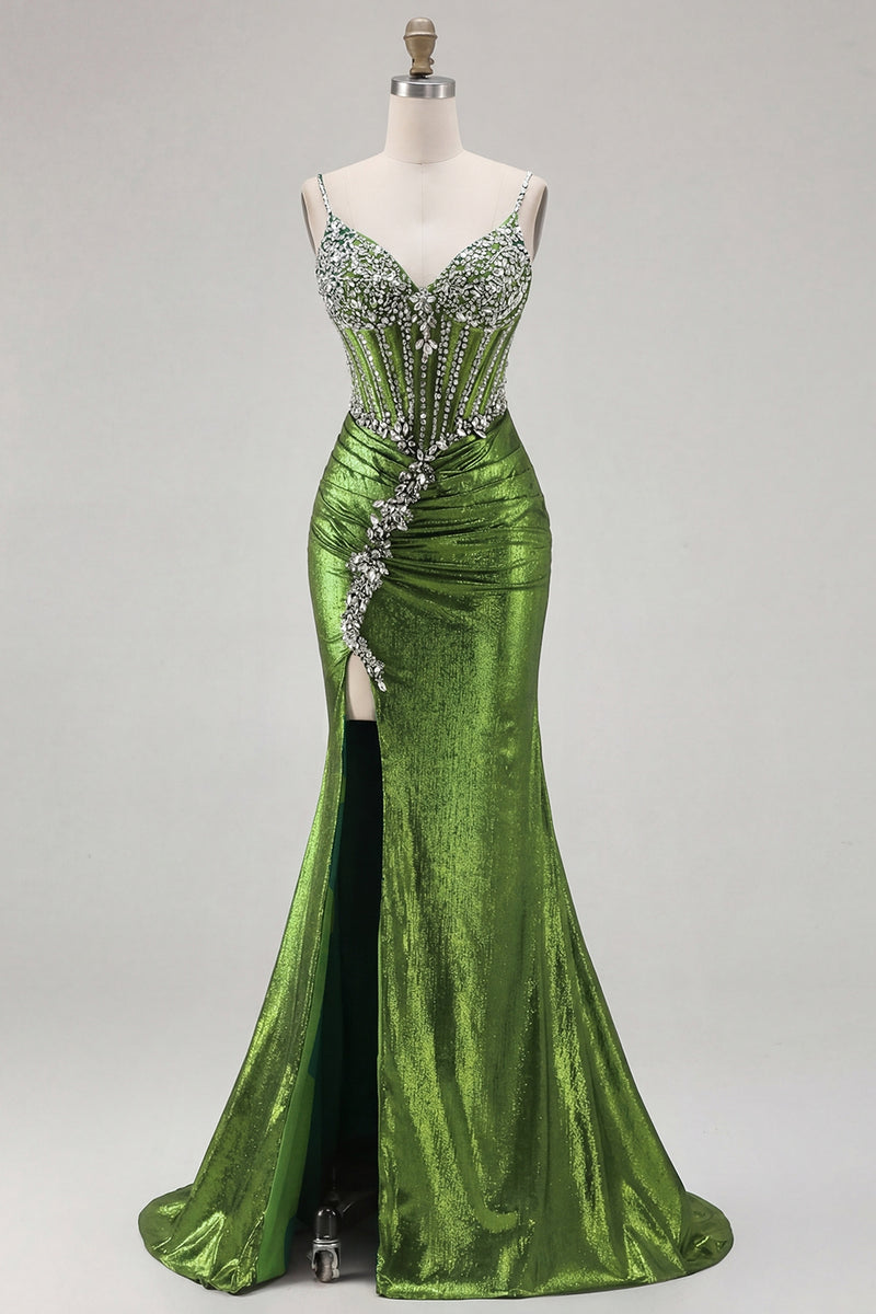 Laden Sie das Bild in den Galerie-Viewer, Glitzerndes Goldenes Meerjungfrauen Korsett Schnürung hinten Langes Ballkleid mit Schlitz