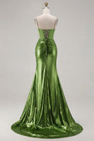 Laden Sie das Bild in den Galerie-Viewer, Glitzerndes Goldenes Meerjungfrauen Korsett Schnürung hinten Langes Ballkleid mit Schlitz