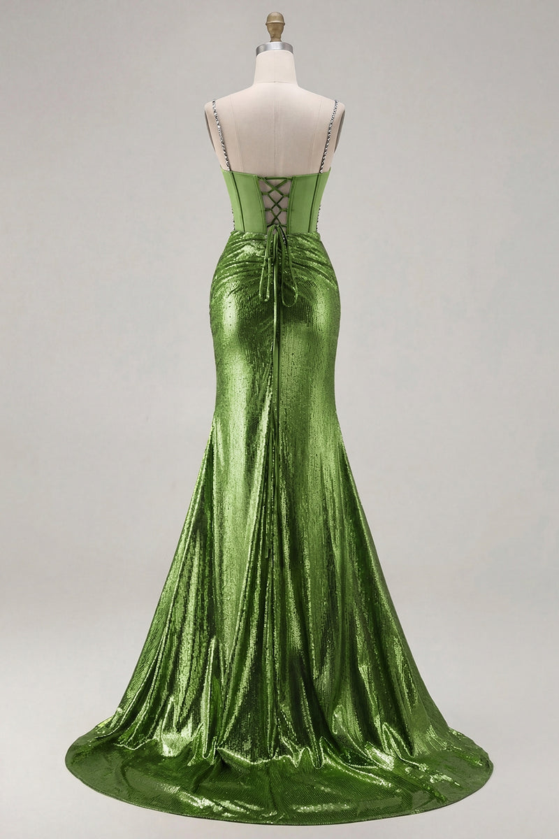 Laden Sie das Bild in den Galerie-Viewer, Glitzerndes Goldenes Meerjungfrauen Korsett Schnürung hinten Langes Ballkleid mit Schlitz