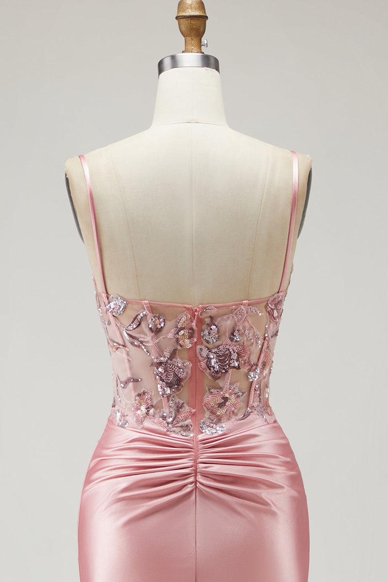 Laden Sie das Bild in den Galerie-Viewer, Blush Meerjungfrauen Spaghettiträger Satin Korsett Pailletten Langes Ballkleid mit Schlitz