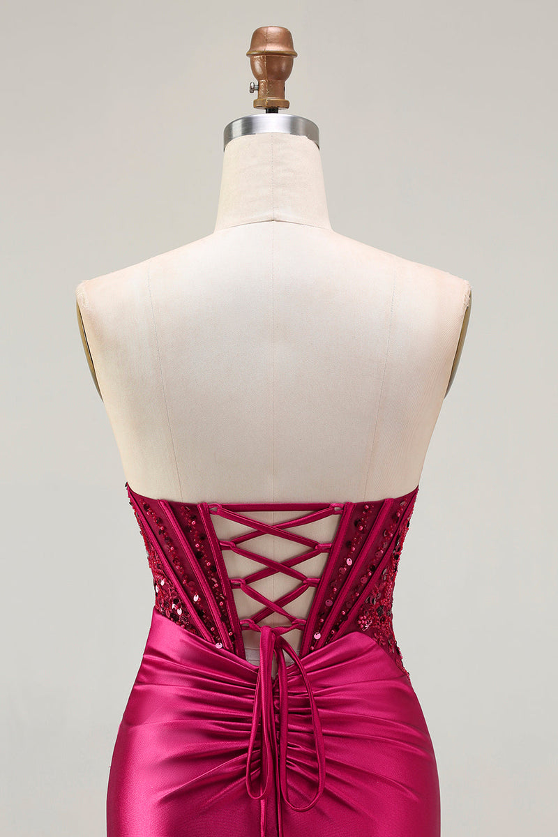 Laden Sie das Bild in den Galerie-Viewer, Bordeauxrotes Meerjungfrauen Trägerloses Strasssteinen Pailletten Langes Ballkleid mit Schlitz