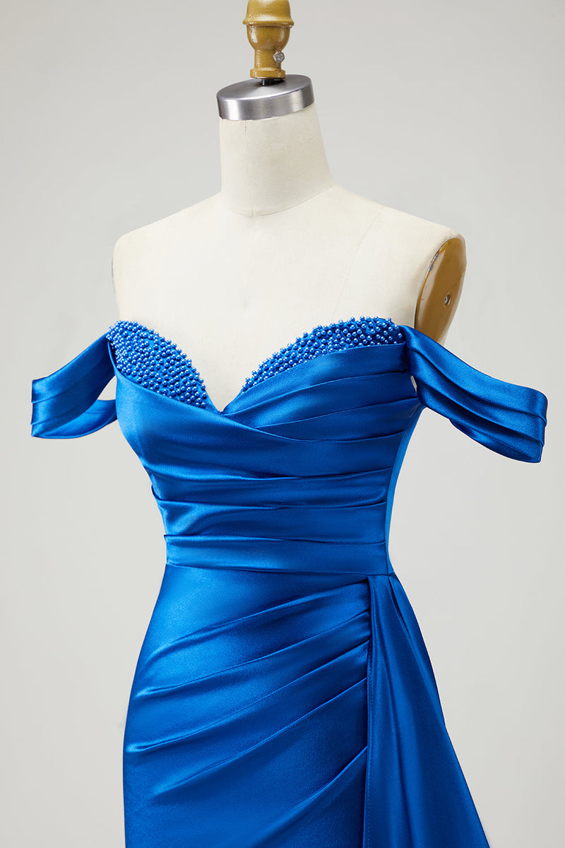 Laden Sie das Bild in den Galerie-Viewer, Goldenes Meerjungfrau Schulterloses Plissiertes Satin Ballkleid mit Schlitz