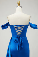 Laden Sie das Bild in den Galerie-Viewer, Goldenes Meerjungfrau Schulterloses Plissiertes Satin Ballkleid mit Schlitz