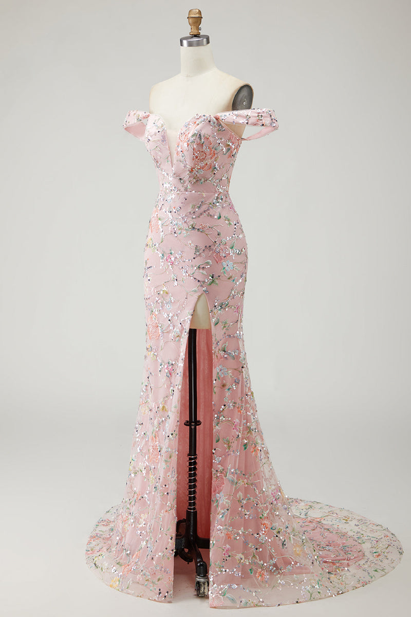 Laden Sie das Bild in den Galerie-Viewer, Schulterfreies Meerjungfrauen Pailletten Langes Blush Ballkleid mit Stickerei