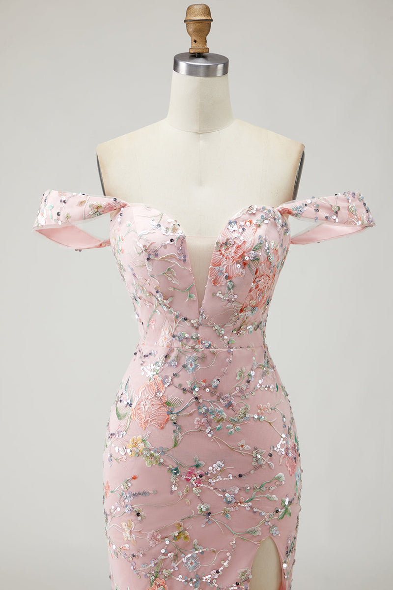 Laden Sie das Bild in den Galerie-Viewer, Schulterfreies Meerjungfrauen Pailletten Langes Blush Ballkleid mit Stickerei