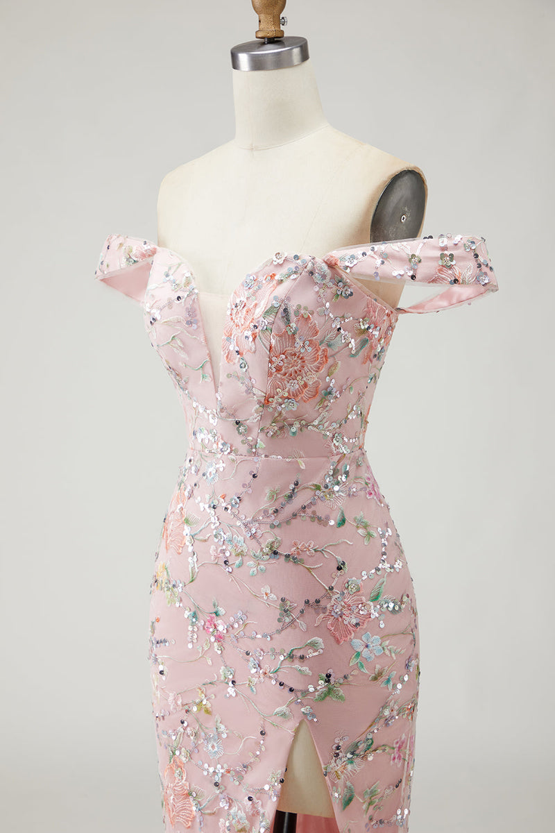 Laden Sie das Bild in den Galerie-Viewer, Schulterfreies Meerjungfrauen Pailletten Langes Blush Ballkleid mit Stickerei