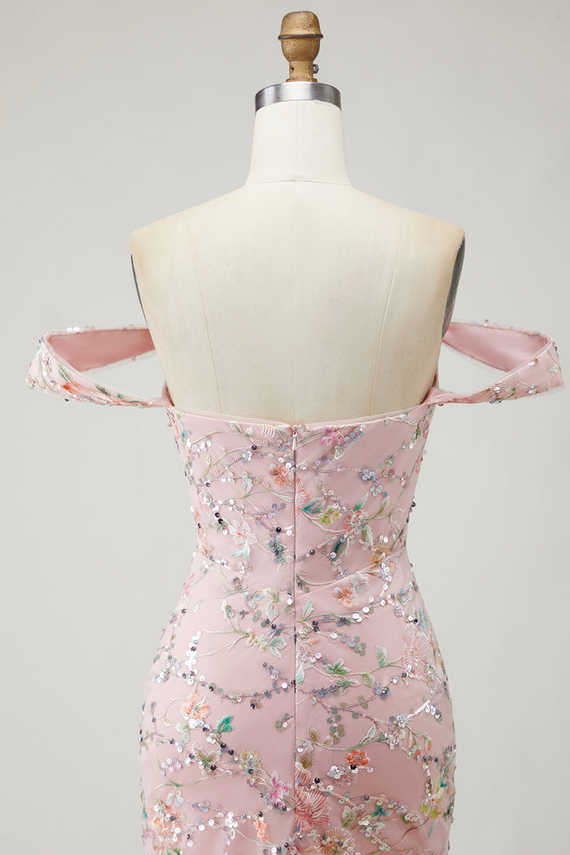 Laden Sie das Bild in den Galerie-Viewer, Schulterfreies Meerjungfrauen Pailletten Langes Blush Ballkleid mit Stickerei