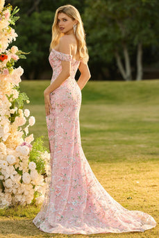 Schulterfreies Meerjungfrauen Blush Pailletten Langes Ballkleid mit Schlitz