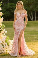 Laden Sie das Bild in den Galerie-Viewer, Schulterfreies Meerjungfrauen Blush Pailletten Langes Ballkleid mit Schlitz