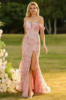 Laden Sie das Bild in den Galerie-Viewer, Schulterfreies Meerjungfrauen Blush Pailletten Langes Ballkleid mit Schlitz