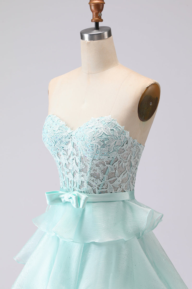 Laden Sie das Bild in den Galerie-Viewer, Grünes A-Linie Trägerloses Korsett Gestuftes Langes Ballkleid mit Spitze