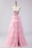 Laden Sie das Bild in den Galerie-Viewer, Rosa Trägerloses Gestuftes Korsett Perlen Lange Ballkleid mit Schlitz