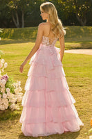 Laden Sie das Bild in den Galerie-Viewer, Rosa Herzausschnitt A-Linie Korsett Langes Ballkleid mit Schlitz