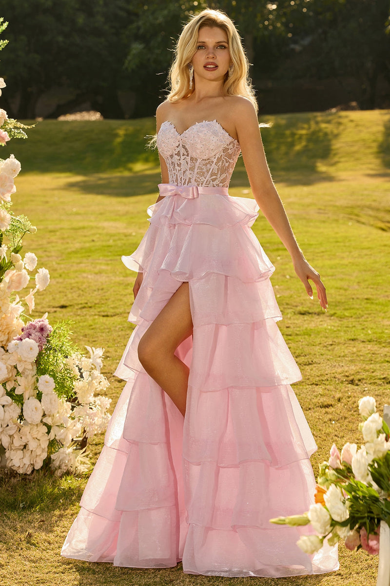 Laden Sie das Bild in den Galerie-Viewer, Rosa Herzausschnitt A-Linie Korsett Langes Ballkleid mit Schlitz