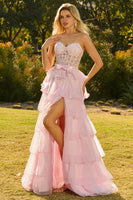 Laden Sie das Bild in den Galerie-Viewer, Rosa Herzausschnitt A-Linie Korsett Langes Ballkleid mit Schlitz